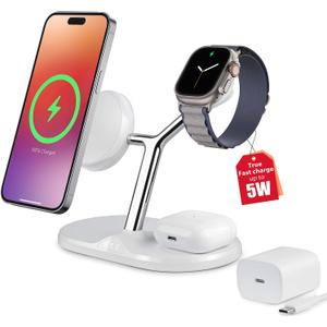 3-in-1 Wireless Charging Station for Apple Devices - Fast Charging Station for iPhone and Watch with MagSafe, Stable Charger Stand for iPhone 12-15 & iPhone 16 & iWatch & AirPods (Included adapter, White)