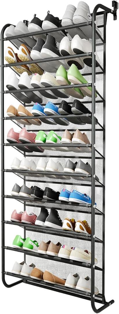AQQHSAIN 10 Tier Over The Door Shoe Organizer Wall Shoe Shelf Shoe Holder Door Shoe Rack for Closet Pantry Hanging Shoes Clothes Toys Storage Shelves (Black)