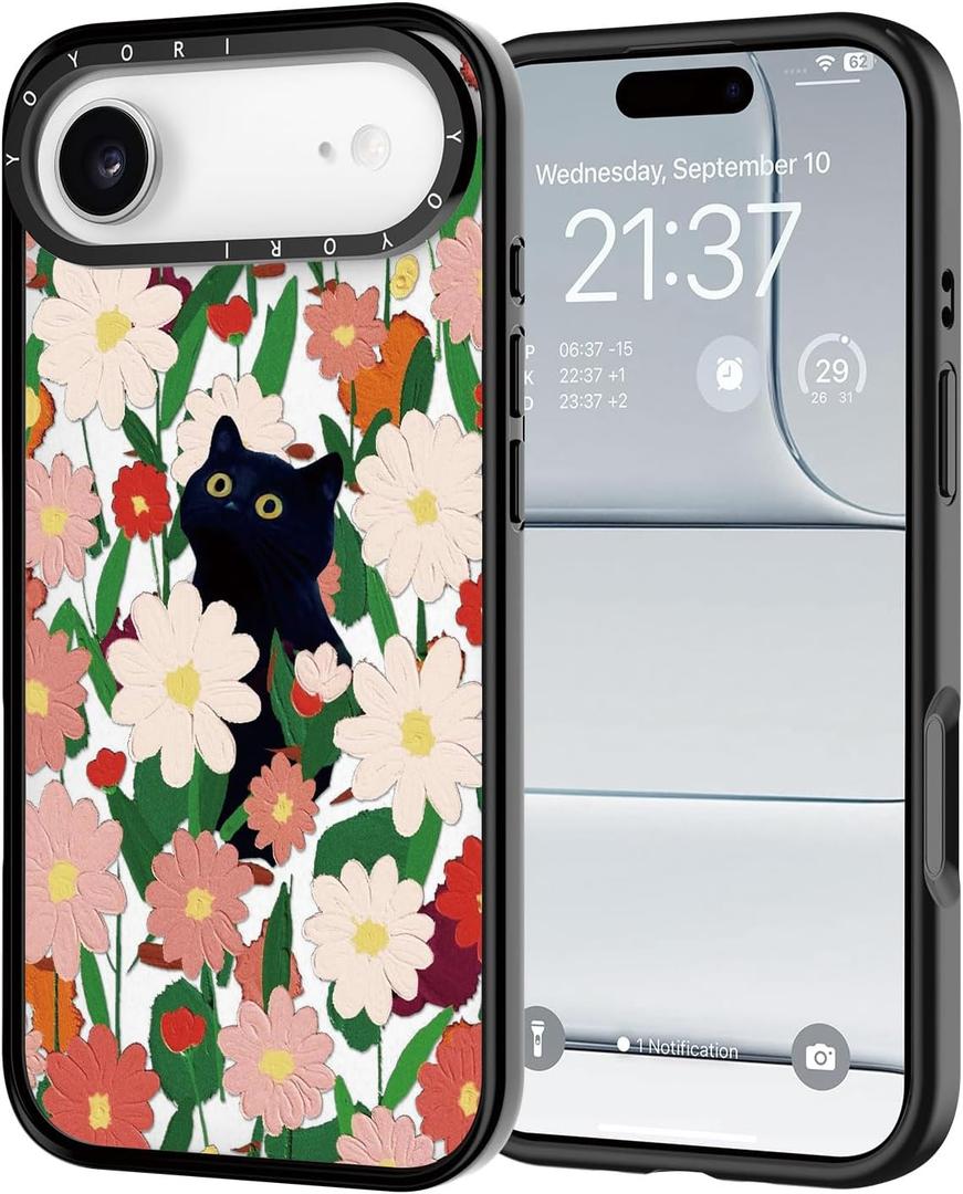 for iPhone 17 Air Case - [6.6 ft Military-Grade Drop Protection] [Anti-Peel Technology] Clear Black TPU Bumper Case with Cute Design(Cat and Flower)
