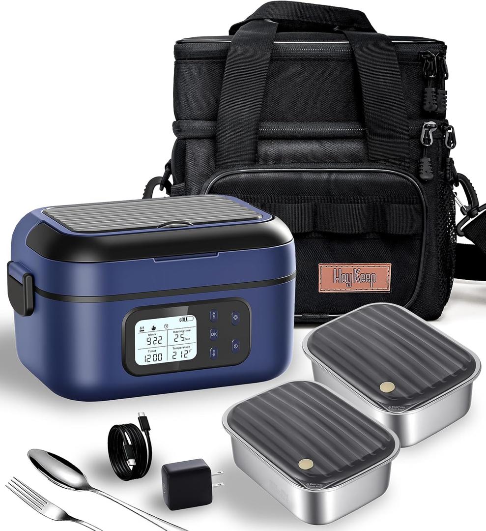 XL Cordless Electric Heated Lunch Box for Adults, Battery-Powered,2 x 6.3-Cup Capacity, Rechargeable Portable Self-Heating Food Warmer for Work Travel Car