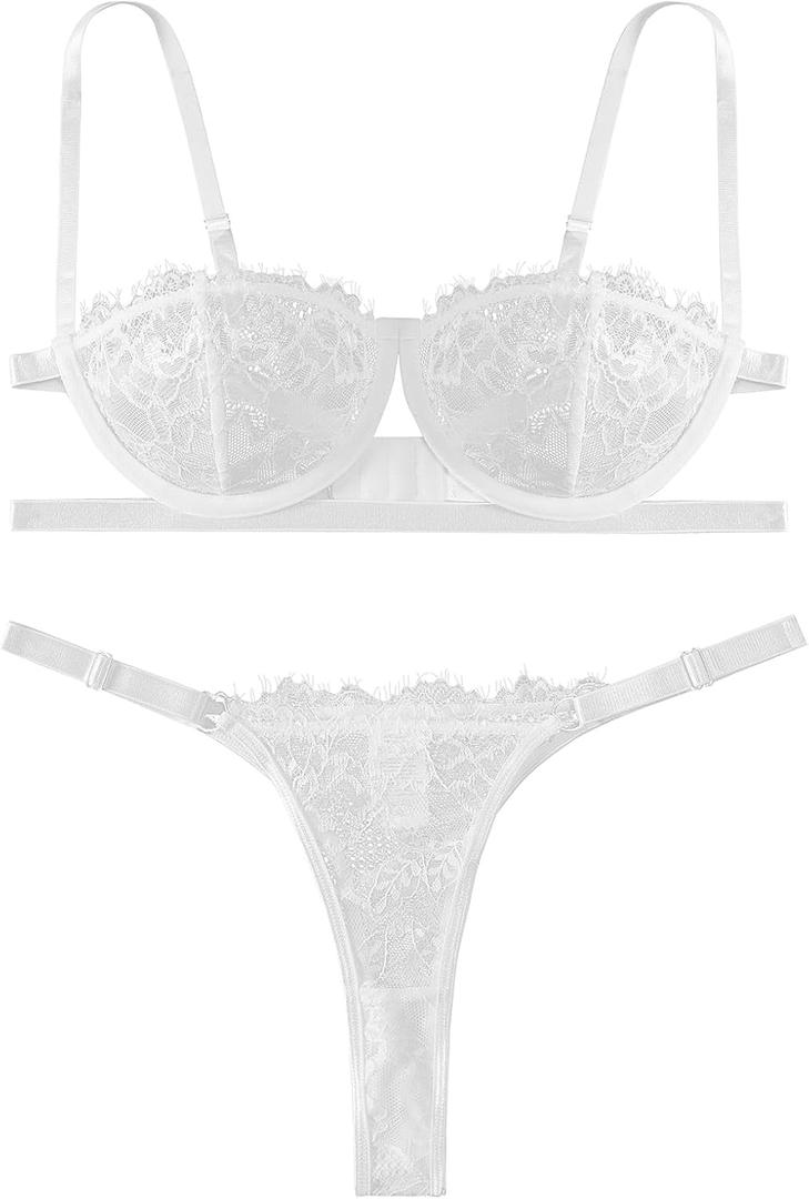 Lilosy Sexy Eyelash Underwire Floral Lace Sheer O Ring Linked Cutout Lingerie Set 2 Piece (White), Medium