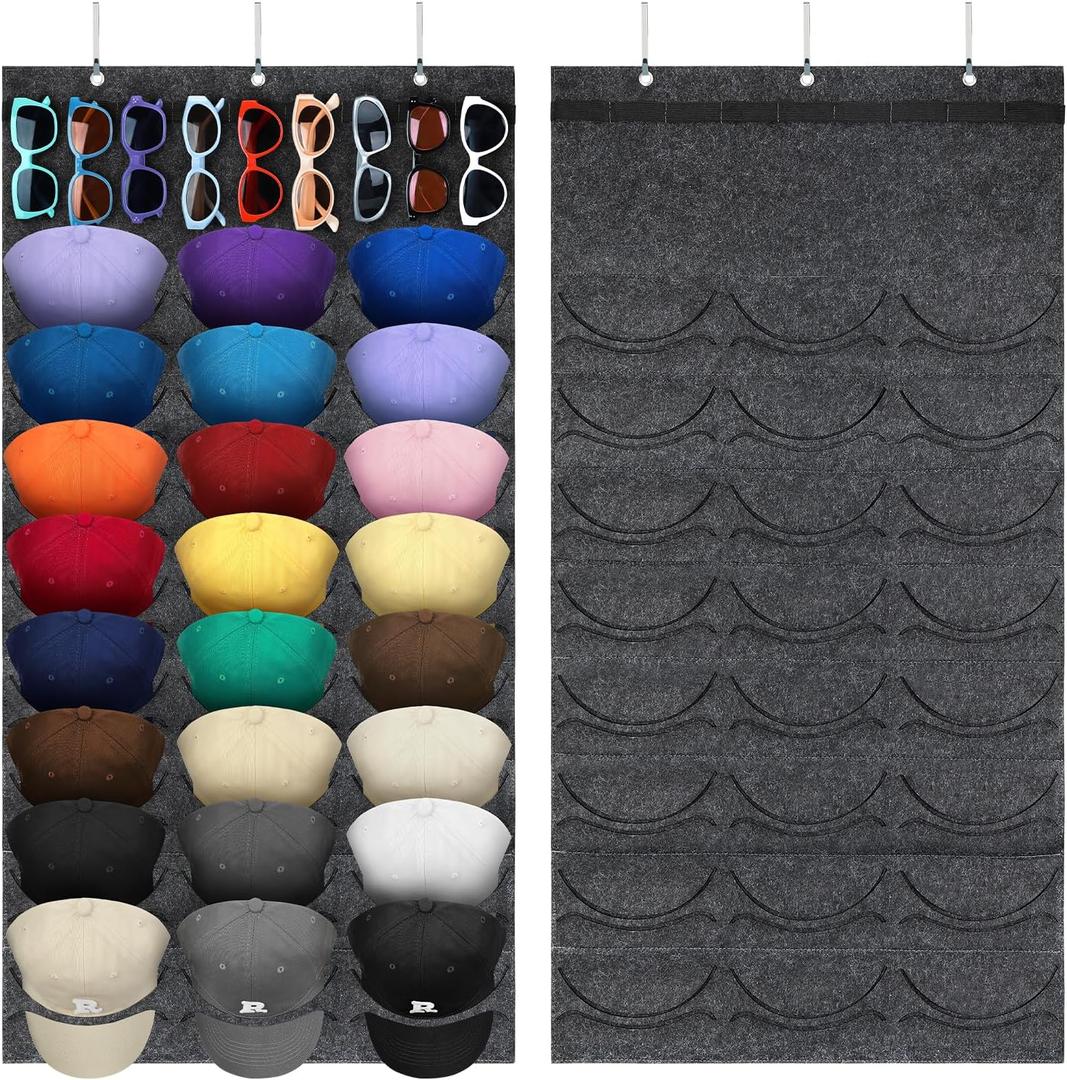 Hat Organizer Racks for Baseball Caps and Sunglasses, Hat Rack for Wall, Sunglass Organizer 24 Pockets 9 Holes(Gray)
