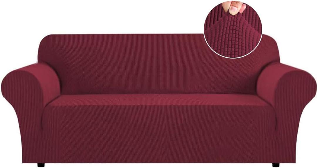 Flamingo P High Stretch Sofa Cover 1 Piece Machine Washable Spandex Jacquard Checked Pattern Fabric, Wine, Sofa