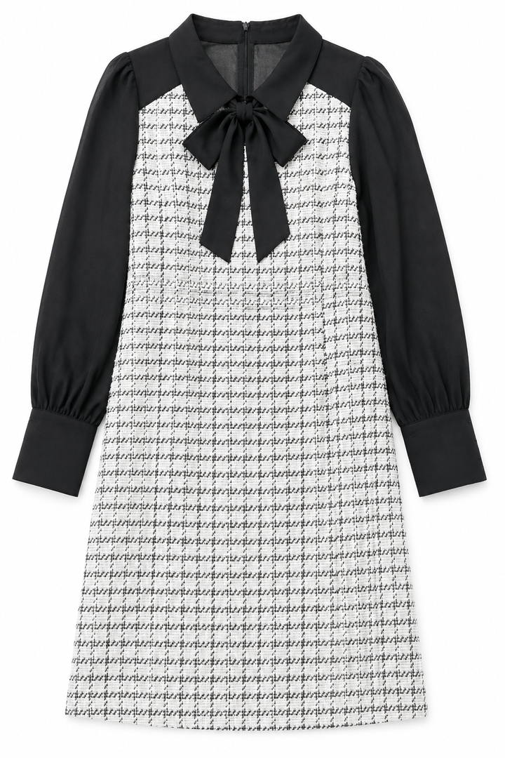 Color Black Patchwork Bow Decor 2 In 1 Elegant Romantic Women Dress Fall Cloth For Women, size XL