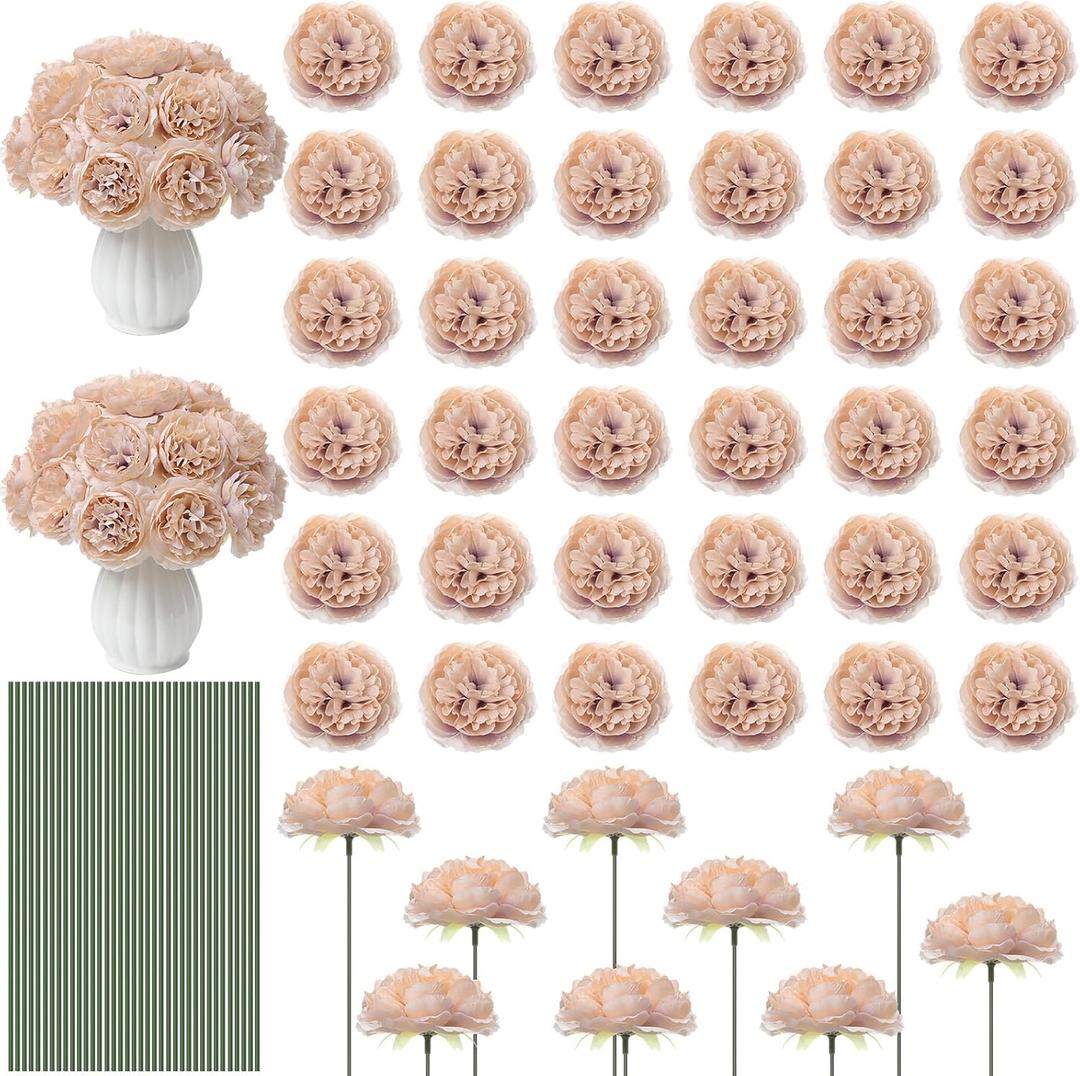 Thiccywoov 200 Pcs Flowers Long Stem Artificial Rose Bulk, 3.2 Inches Silk Rose Head Flowers Faux for Wedding Bridal Bouquet Independence Day Home Floral DIY Centerpieces Party Decoration (Nude)