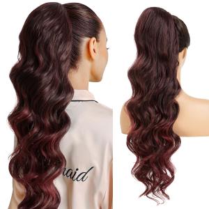 Burgundy Wavy Drawstring Ponytail Extensions Long 26 Inch Synthetic Fake Hairpiece for Women