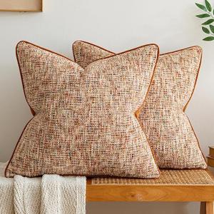 a moment Fall Rust Orange Reversible Pillow Covers 2 Pack - Farmhouse Chenille Throw Pillows, Neutral Textured Decorative Throw Pillow Covers with Border for Couch Sofa Bed (20x20 Inch, No Insert)