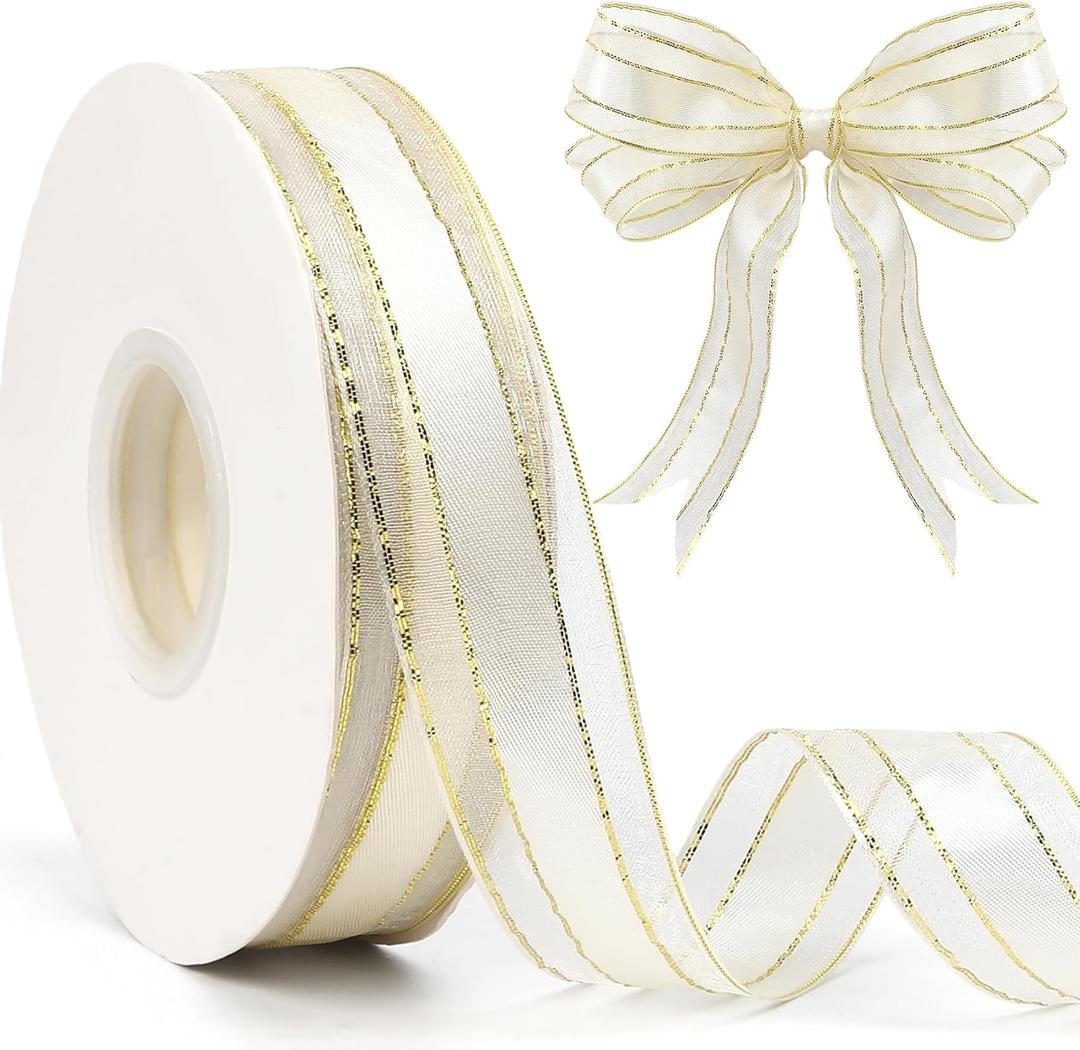 White Organza Ribbon 50 Yards 1 Inch White Organza Gold Edge Sheer Ribbon for Gift Wrapping DIY Craft Christmas Tree Wedding Party Decoration Flower Bouquet Hair Bow Making Christmas Ribbons