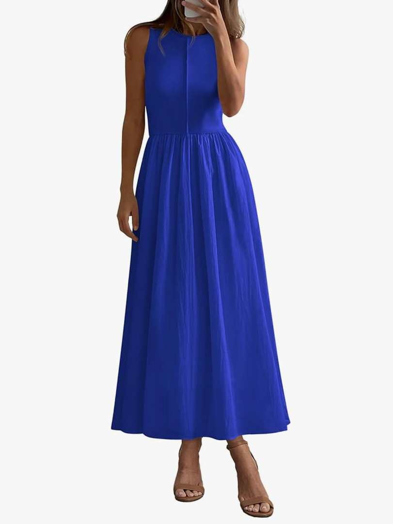 PRETTYGARDEN Women Maxi Dresses Summer 2025 Casual Sleeveless Patchwork Flowy Vacation Beach Sundress Knit Tank Dress(Blue, Large)