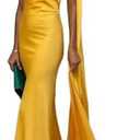 Women's Sexy Satin One Shoulder Backless Sleeveless Maxi Dress with Scarf Elegant Long Formal Evening Dresses Cocktail Gown Wedding Guest Dress Yellow, Size: Medium