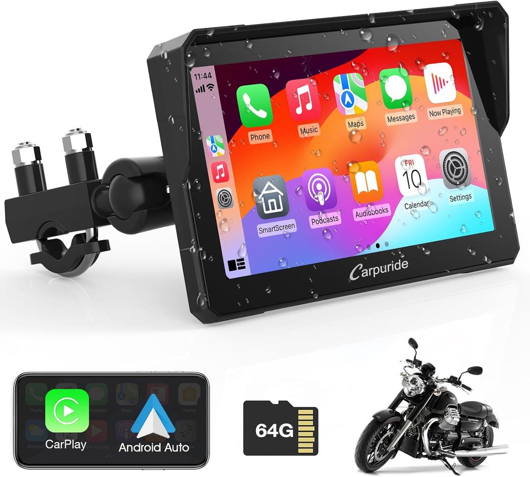 Carpuride W702 for Motorcycle, 7 inch Waterproof Touchscreen, Portable Carplay/Android Auto GPS Navigation for Motorbike, Support Dual Bluetooth, Car GPS, Siri, G00gle Assistant, TF-64G