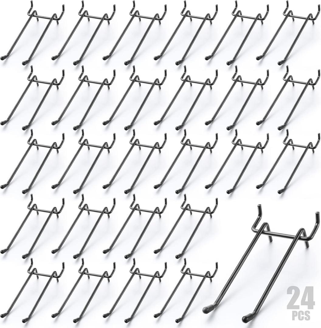 Coume Pegboard Double Arm Peg Straight Hook Garage Storage Wall Organizer Pegboard Hooks Peg Board Tool Utility Hooks Peg Board Hooks Fit 1/4 Inch Peg Board Shelf Accessories (Black, 24 Pieces)