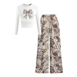 Floerns Girl's 2 Piece Camo Outfits Bow Knot Long Sleeve T Shirt and Wide Leg Cargo Pants Set Multicolor 9Y (Brown)