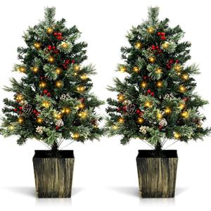 2 Pack 4FT Small Mini Pre-Lit Christmas Trees Potted Artificial with 160 Lush Branch Tips 100 LED Warm Lights, Pine Cones and Berries for Holiday Xmas Gift Home Decor, 8-Mode Timer Battery Box