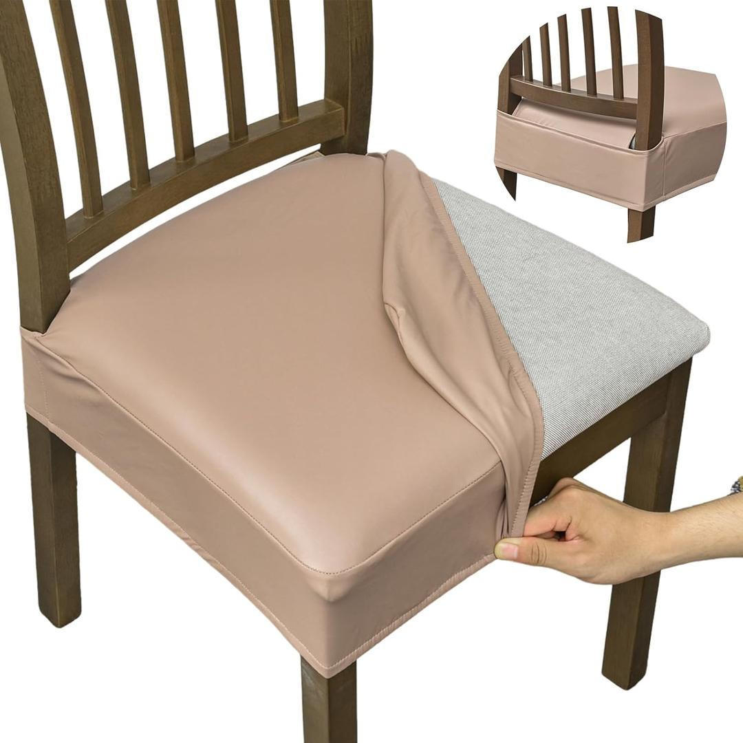 FUANGUI Dining Chair Covers Set of 6, Waterproof PU Leather Stretch Chair Seat Slipcovers Soft Removable Washable Chair Covers, Kitchen Chair Seat Covers Protectors Dining Room, PU-Khaki