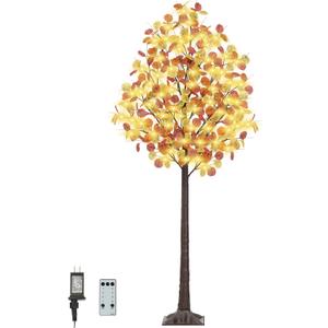 Fall Lighted Eucalyptus Tree - 5FT Light Up Eucalyptus Fall Tree with 90 LED Lights, 270 Leaves, Thanksgiving Decor Artificial Tree with Remote 8 Flashing Modes, Timing, for Home Harvest Decoration