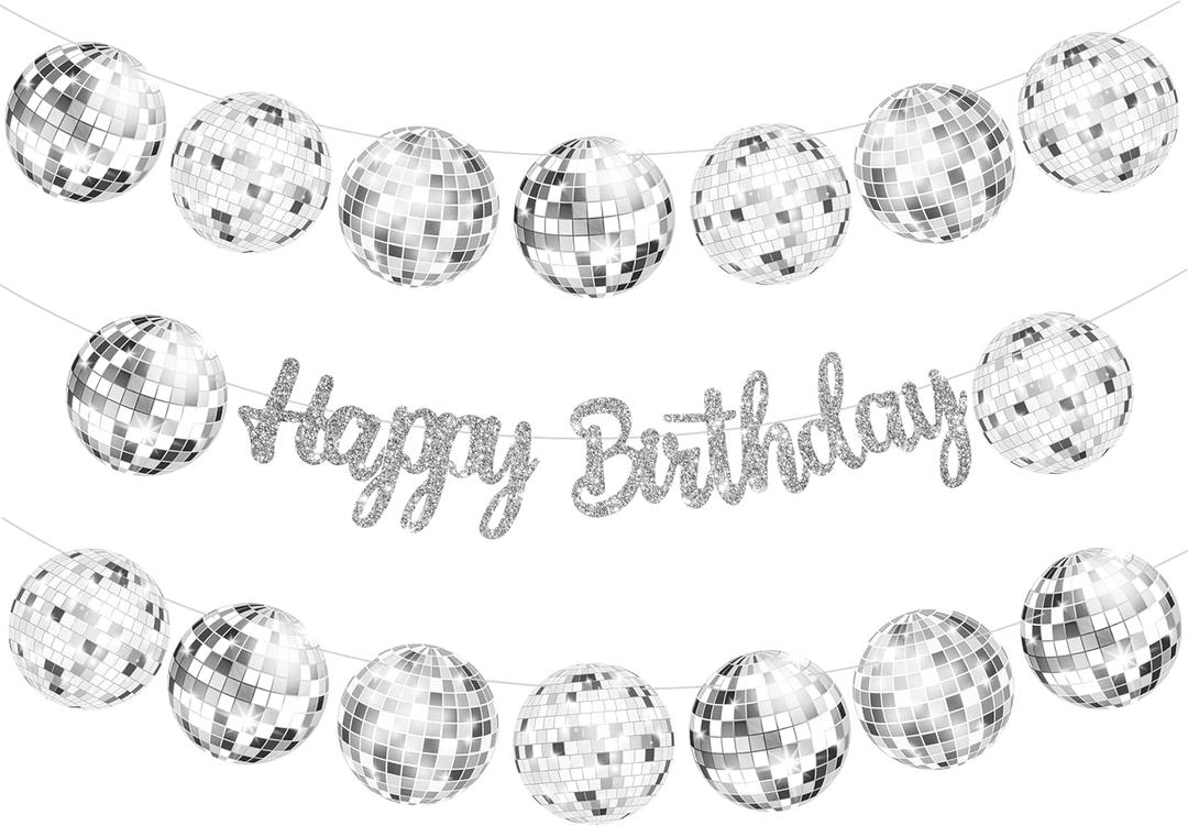 C L cooper life Disco Ball Birthday Party Decorations 3Pcs Sliver Glitter Happy Birthday Party Disco Ball Cutout Banners for 70s Disco Party Decorations Disco Fever Party Supplies, Silver