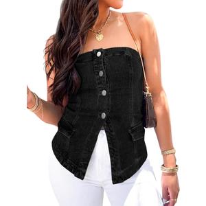 Cicy Bell Womens Strapless Denim Vest Summer Button Down Jean Tube Tops Y2k Going Out Fitted Bandeau Shirts Waistcoat, M