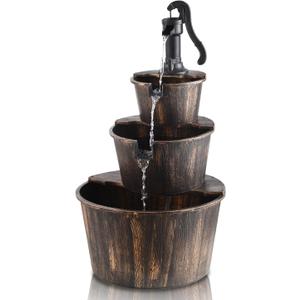 YI 40-Inch 3 Tier Barrel Waterfall Fountain Outdoor Water Fountains Barrel Wood 3-Tier Freestanding Rustic Pump for Garden Patio Backyard Porch
