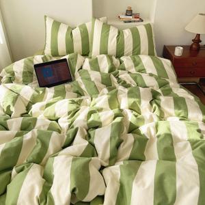 3 Pieces Striped Duvet Cover Set Queen, 100% Washed Microfiber Sage Green and White Stripes Pattern Printed Comforter Cover, Farmhouse Striped Bedding Set Soft Breathable Duvet Cover Queen Size