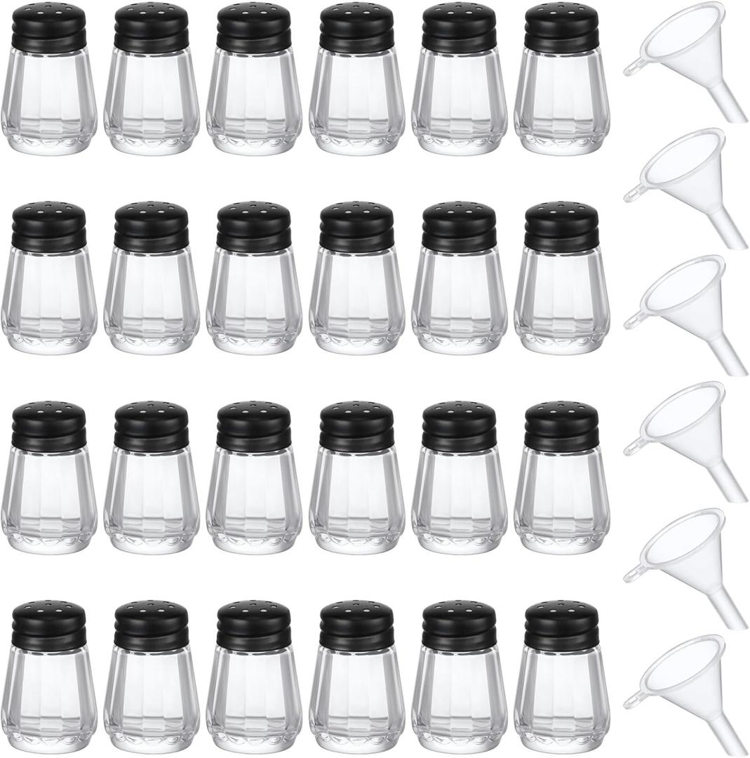 Potchen Mini Salt and Pepper Shakers Bulk 0.5 oz Small Cube Clear Glass Spice Saleros Shaker with Plastic Mini Funnels for Wedding Kitchen Restaurant Travel Camp Party (Black)