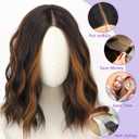 AISI HAIR 14 Inch Highlights Caramel Brown Wigs for Women - Shoulder Length Wave Wig with Pre-Cut Lace Hairline, Middle Part Natural Wavy Bob Synthetic Heat Resistant Fiber for Daily and Party
