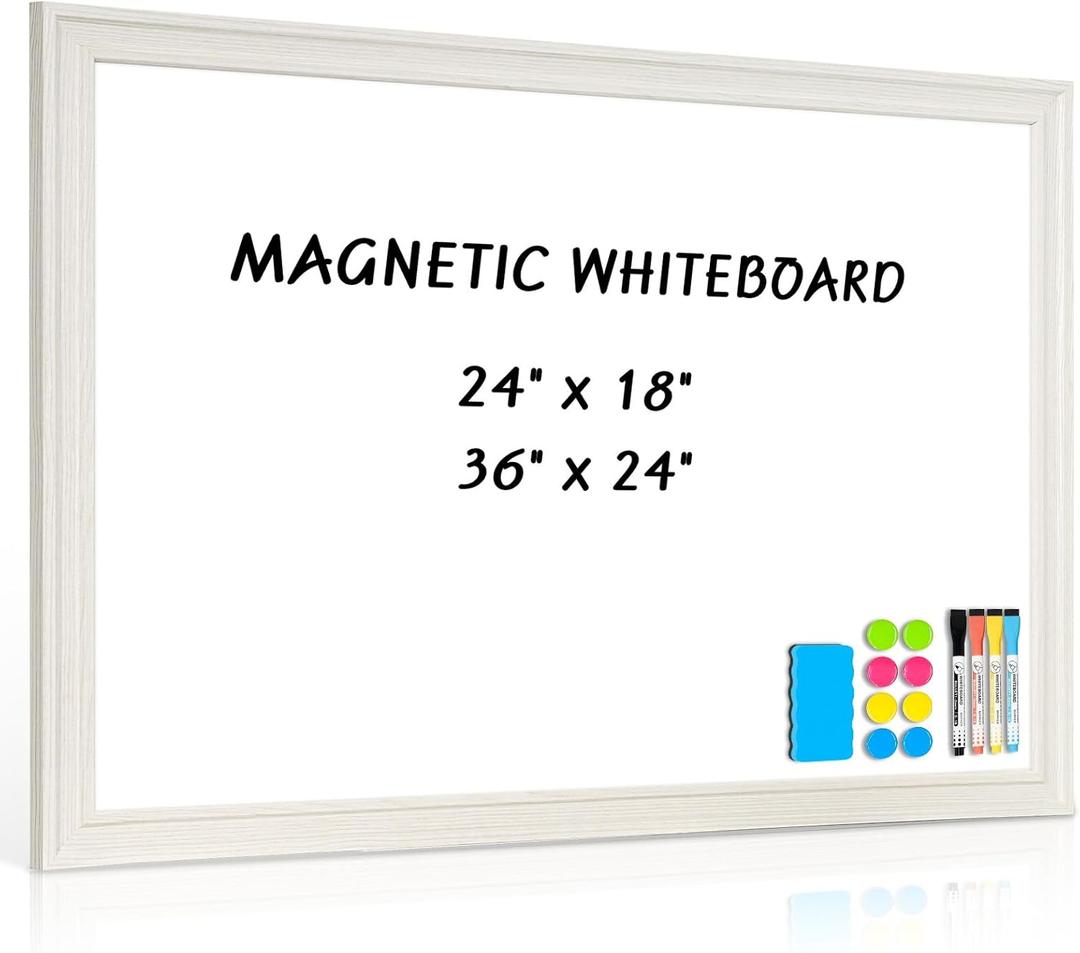 White Board for Wall, 24'' x 18'' Magnetic Dry Erase Board, Decorative Whiteboard with White Vintage Wooden Frame, Hanging Writing Board for Home Office School Dorm