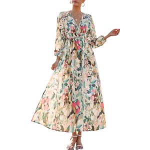 Maxigerui Women's Long Sleeve Floral Maxi Dress 2026 Spring Summer Wedding Guest Dress, Green Floral, S