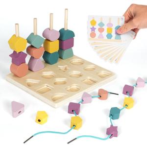 Montessori Toys for 3 Year Old Wooden Color Sorting Stacking Toys, Lacing Beads Montessori Wooden Beads Mastery Kit,Matching Shape Stacker Preschool Learning Toys for Toddler Gift