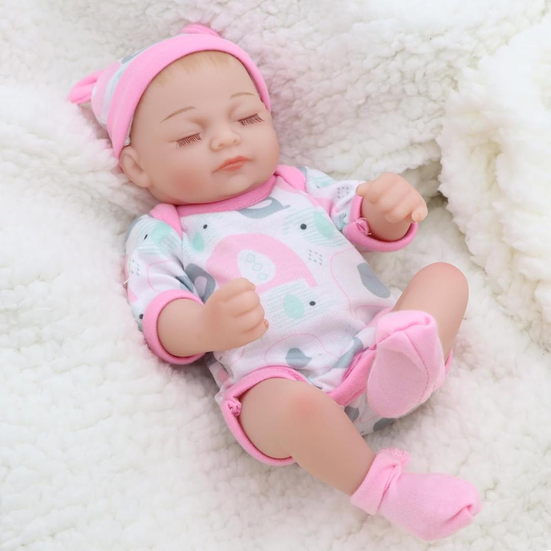 Realistic 10 Inch Sleeping Newborn Baby Doll - Reborn Alive Soft Silicone Vinyl Baby Girl with Close Eyes, Girl Doll Set for Ages 3+