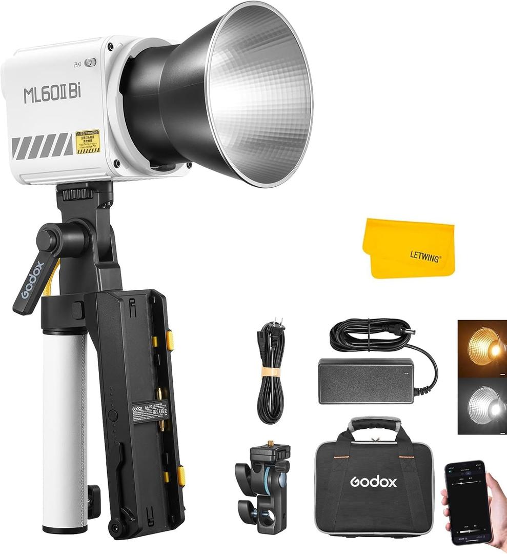Godox ML60IIBi Bi-Color LED Video Light,70W Portable COB Continuous Output Lighting 2800K-6500K CRI 96+/TLCI 97+,11 FX Effects, APP Control Ultra-Quiet Handheld LED Light with AK-B01 Battery Base