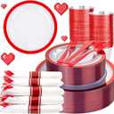 Liacere 350PCS Clear and Red Plastic New Year Plates and Napkins for 50Guests Plastic Dinnerware Set:100 Red Disposable Plates 50 Pre Rolled Napkins with Cutlery,50 Cups for Party, Christmas