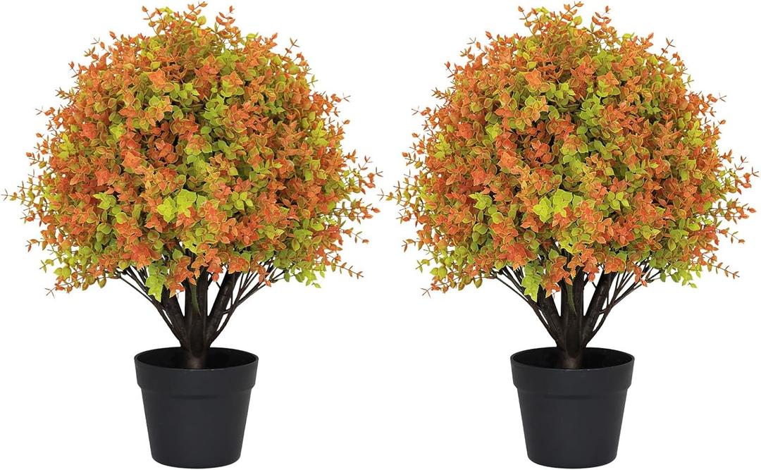 24" Fall Boxwood Topiary Ball Trees Artificial Outdoor Set of 2, UV Resistant Tall Faux Plants for Front Porch, 2ft Fake Bushes & Shrubs for Outside Patio Planter Autumn Decor