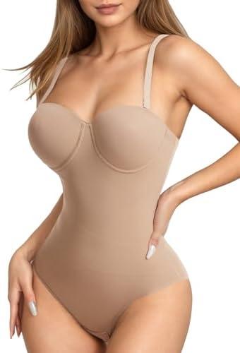 SKPNCV Women's Strapless Body Shaper Tummy Control Waist Push-Up Bodysuit with Cups and Detachable Straps Shapewear, Large, Apricot