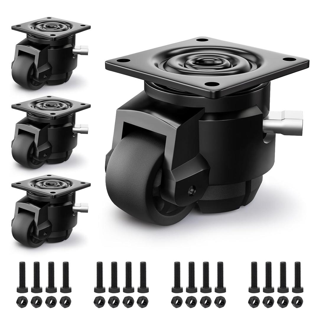 Leveling Casters Heavy Duty with Upgraded Ratchet Handle Design, Adjustable Retractable Casters Set of 4, Swivel Industrial Castor Wheels for Workbench (80F, 4400 Lbs Capacity, Black)
