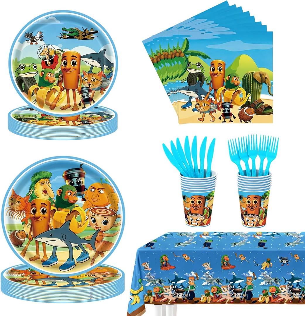 73PCS Italian Brainrot Birthday Decorations Supplies Set  Plates, Dessert Plates, Cups, Napkins, Knives & Forks with Tablecloth for Surreal Theme Parties, Vibrant Brain Rot Birthday Decorations