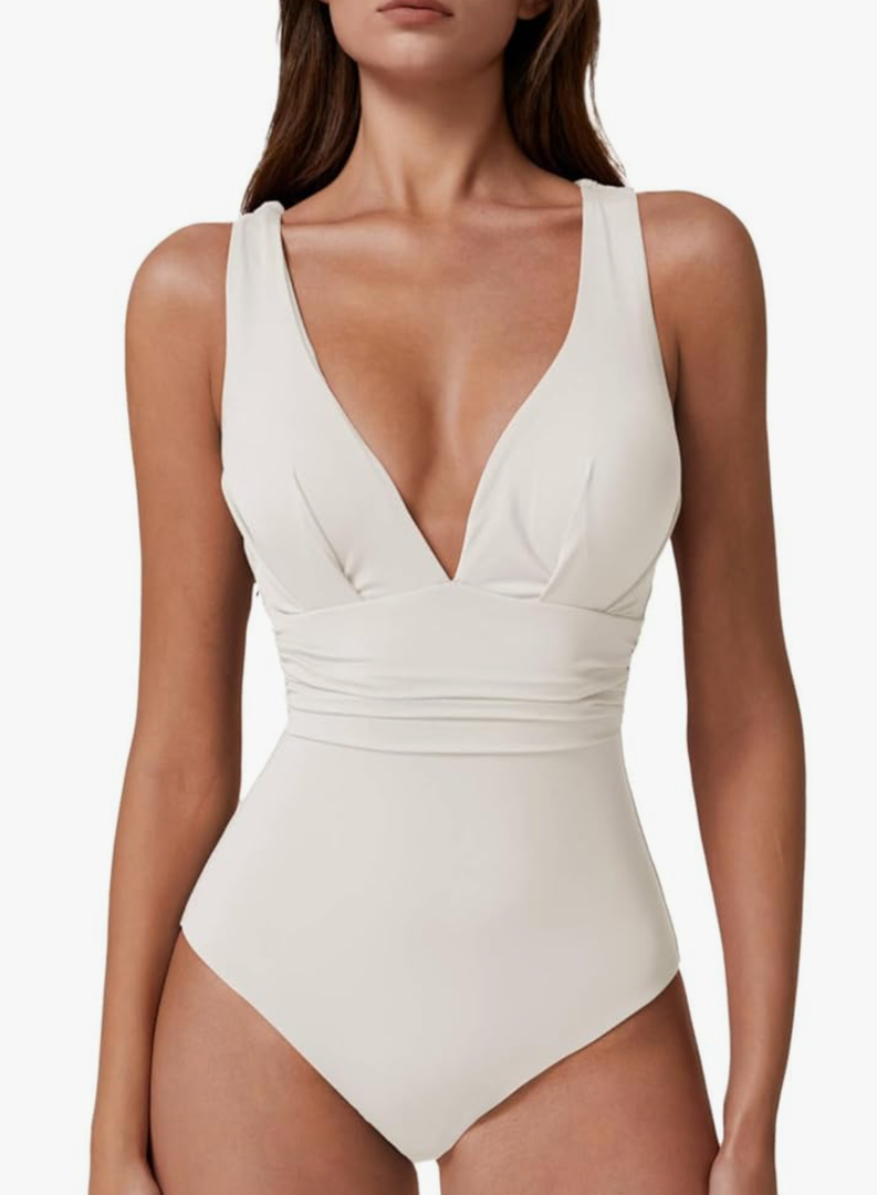 QINSEN Womens Sexy V Neck One Piece Bathing Suit Cross Back Swimsuit High Waist Monokini White XL