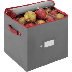 ZOBER Christmas Ornament Storage Box - Stores 64 3" Ornaments, With Dividers - Ornament Organizer Storage Box, Durable Christmas Containers Holder, Dual Zipper - Gray