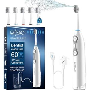 3-in-1 Upgraded Pro Flossing Toothbrush-Flosses, Vibrates and Oscillates(The 1st Tech), Electric Toothbrush with Water Flosser Equipe 5 Brush Heads, Plaque Removal for Sensitivity, Braces-White