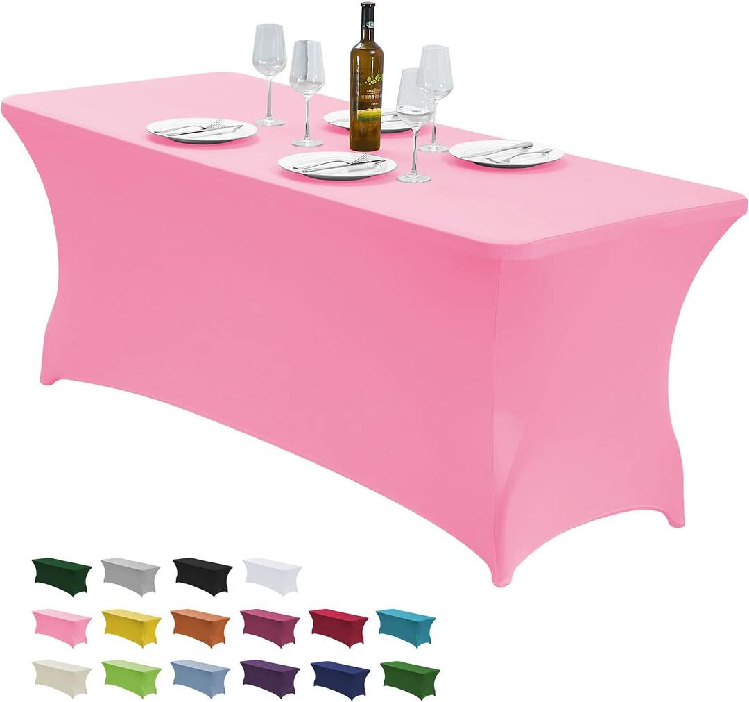 CWK 6FT Waterproof Stretch Spandex Table Cover for Rectangular Tables - Elastic Fitted Tablecloth for Folding Tables,Wrinkle Resistant Table Cloth for Parties, Weddings, Banquets & Events (Pink)