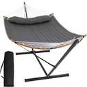 SUNCREAT Double Portable Hammock with Stand, 2 Person Hammock with Curved Spreader Bar, Balance Ropes Included, Dark Gray