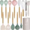 Silicone Cooking Utensils Set - 446F Heat Resistant Silicone Kitchen Utensils for Cooking,Kitchen Utensil Spatula Set w Wooden Handles and Holder, BPA FREE Gadgets for Non-Stick Cookware (Colorful), Large