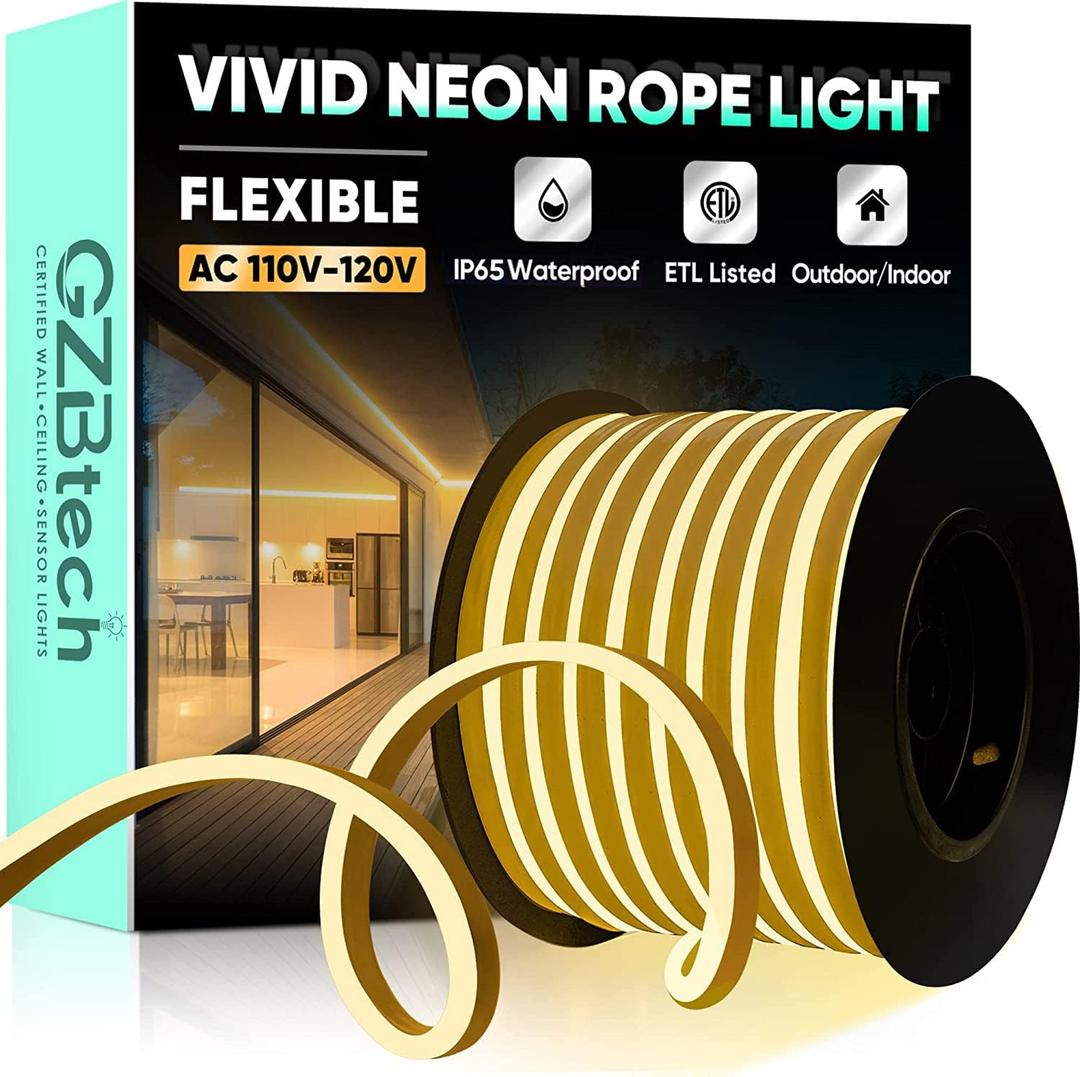 GZBtech Flexible LED Neon Rope Lights 82FT,AC 110-120V Waterproof Strip Light, 2800K Cuttable Connectable Neon Lighting for Indoor Outdoor Home Decor/Commercial Use-Warm White 25M, ETL Listed