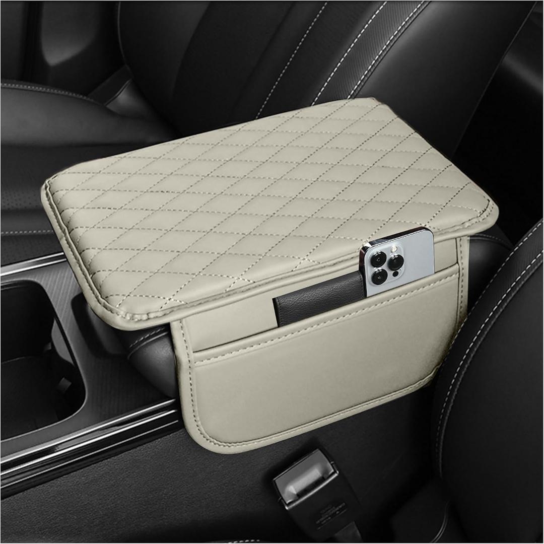 Upgraded Car Center Console Cover,Microfiber Leather Car Armrest Cover Cushion with 2 Storage Bags,Universal Cars Armrest Storage Box Cars Interior Accessories for Most Vehicles (Light Beige)