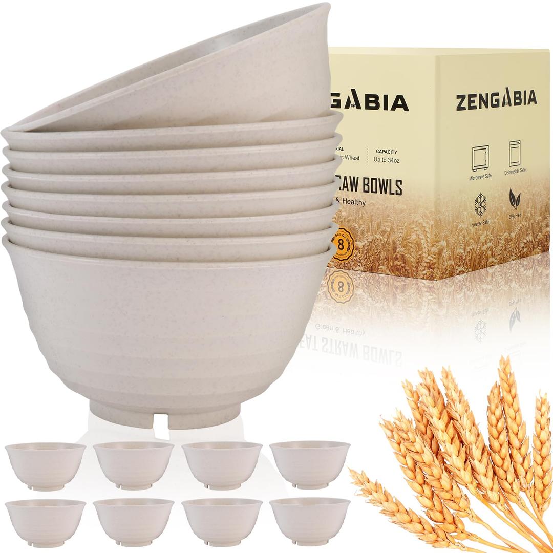 34 Oz Large Cereal Bowls, Unbreakable Lightweight Wheat Straw Bowls Set of 8, Microwave Dishwasher Safe Plastic Soup Bowls Reusable BPA-Free for Snack Salad Kitchen Camping, Beige