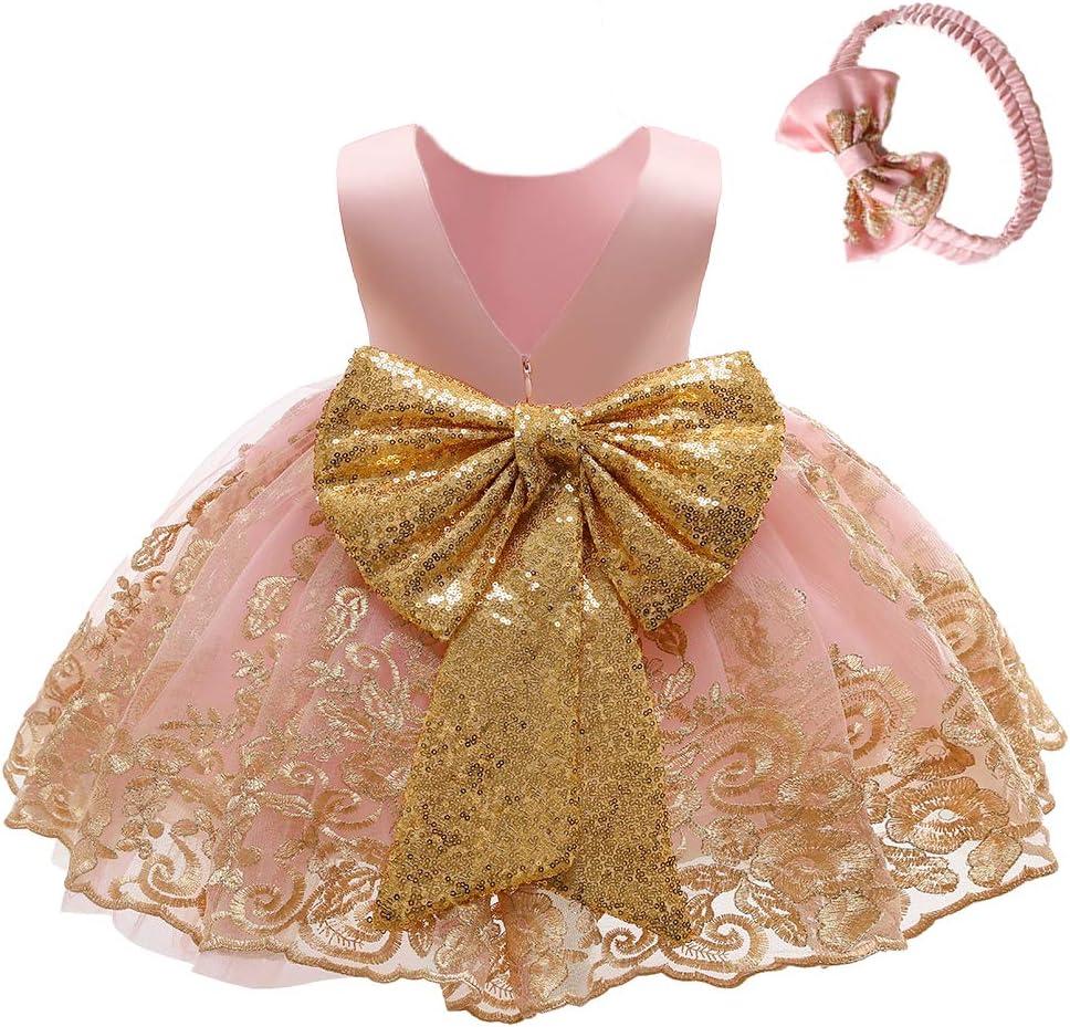 CMMCHAAH 0-6 Years Baby Girls Pageant Lace Embroidery Dresses Toddler Formal Dress with Headwear (6-12 Months, Pink)