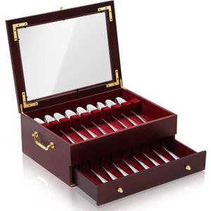 Novabright Wooden Silverware Storage Box, Silverware Chest Case with Glass Lid Flatware Organizer with Handle Felt Lined for Flatware Utensils Home Decor Gift(2 Layer)