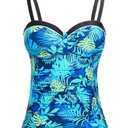 Talisea Women's Underwire Tankini Top Only Tummy Control Swimsuit Top Push Up Bathing Suit Top No Bottom Blue Leaves, Size Small