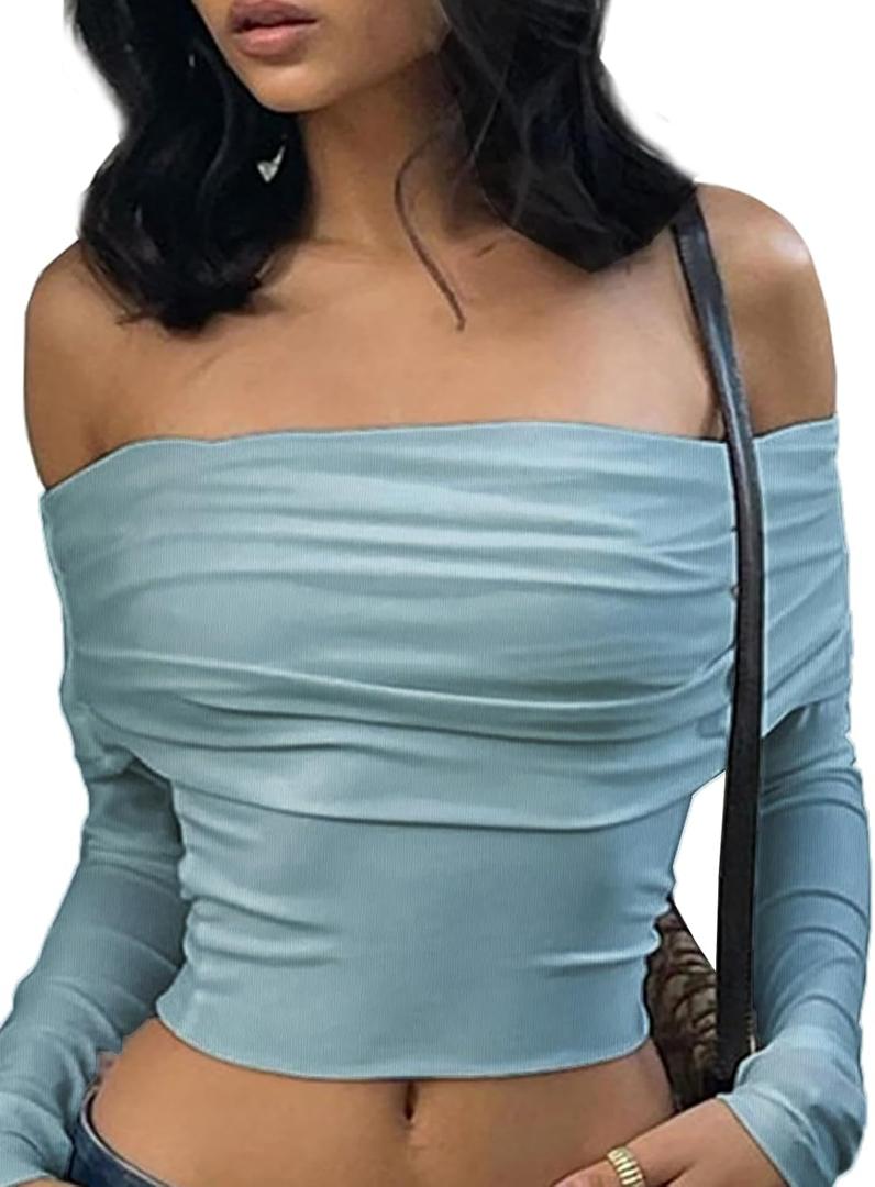 Xineicy Women's Off Shoulder Long Sleeve Tops Sexy Y2K Crop Top Going Out T-Shirt (Medium, A Blue)