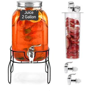 2 Gallon Drink Dispenser with 2 Press Type Spigot, Sun Tea Glass Mason Jar for Outside, Iced Lemonade Beverage Dispenser with Fruit Infuser, Large Water Juice Jug, Punch Dispenser for Parties